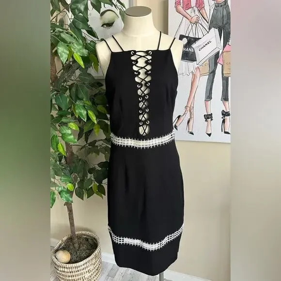 Venus Womens Black & White Criss Cross Strappy Cut Out Sheath Dress Size 10 - Picture 2 of 8